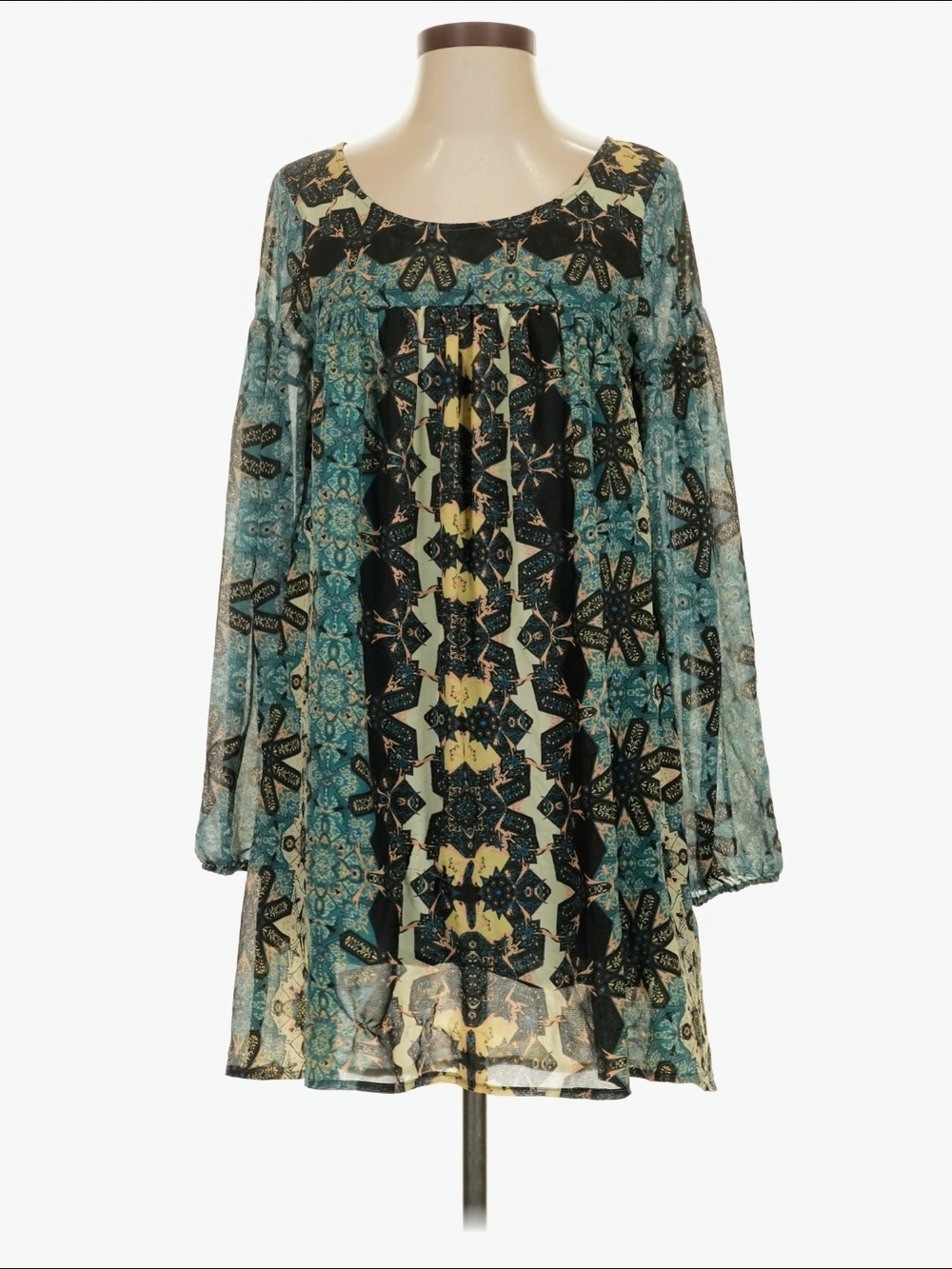 Free People Boho Printed Long-Sleeve Tunic Dress - Teal & Black